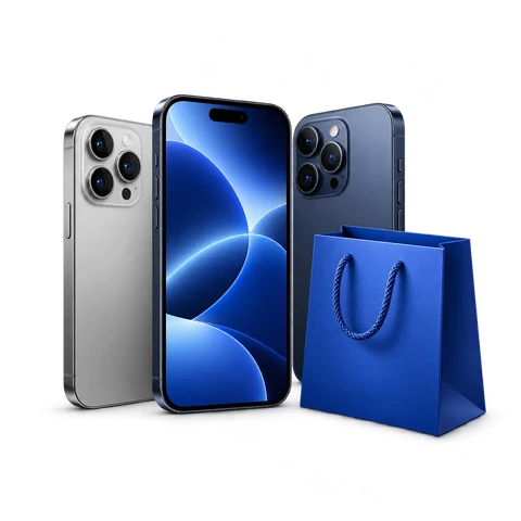 Smartphones mit blauer Einkaufstasche